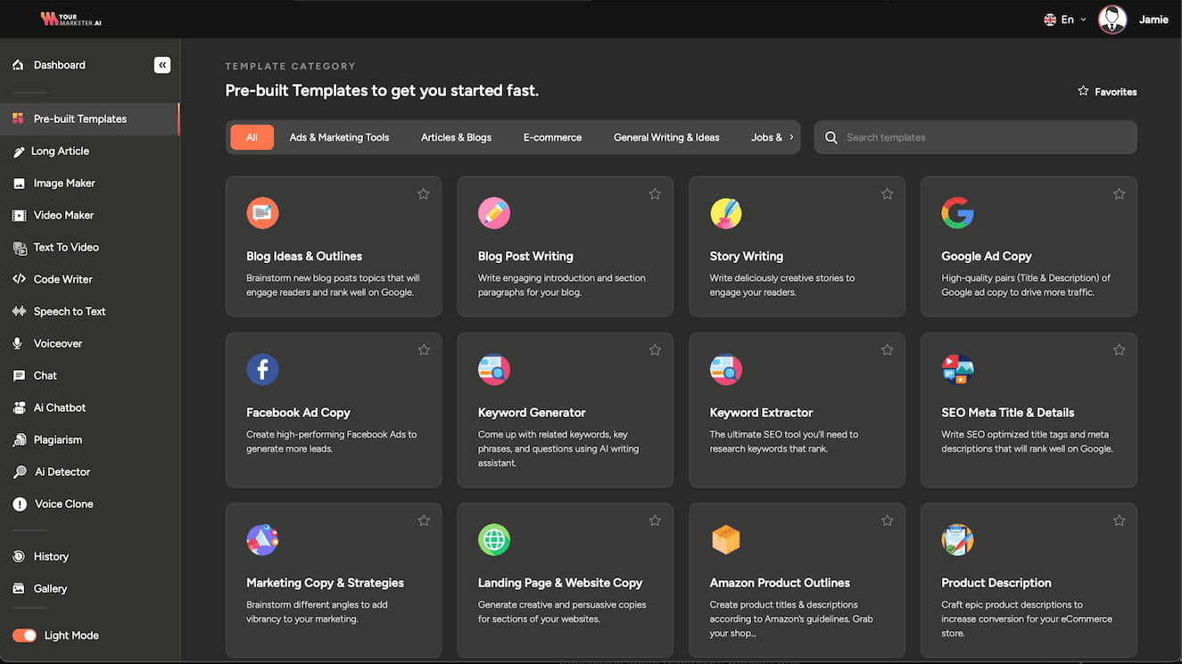Template selection view